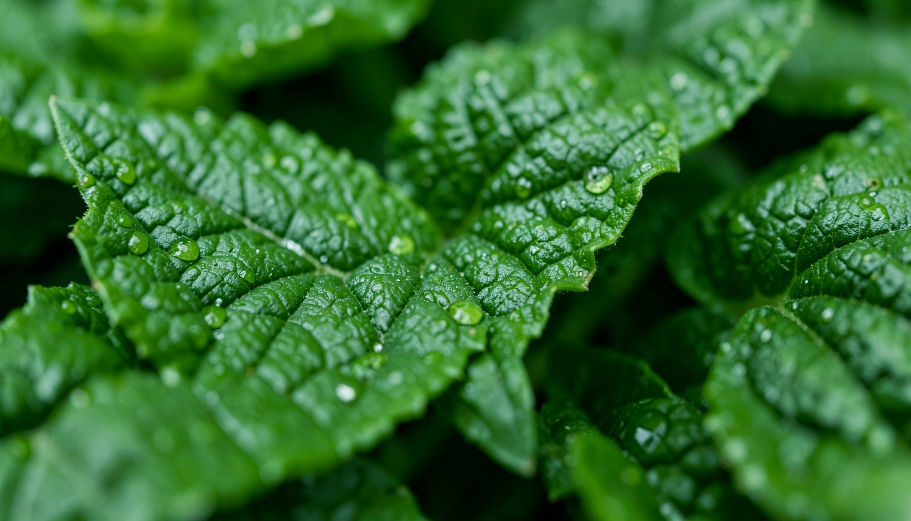 Gros plan extrême sur des feuilles de plantes aromatiques fraîches, textures nervurées d'un vert profond parsemées de gouttelettes d'eau, ambiance naturelle et apaisante