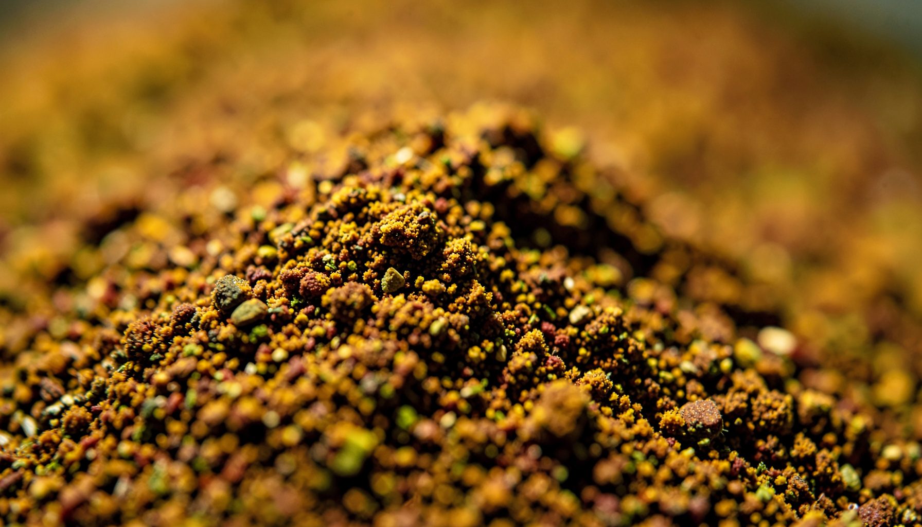 Gros plan sur un mélange d'épices en poudre, tons chauds ocre, brun et rouge brique, légèrement texturé, éclairé par une lumière rasante